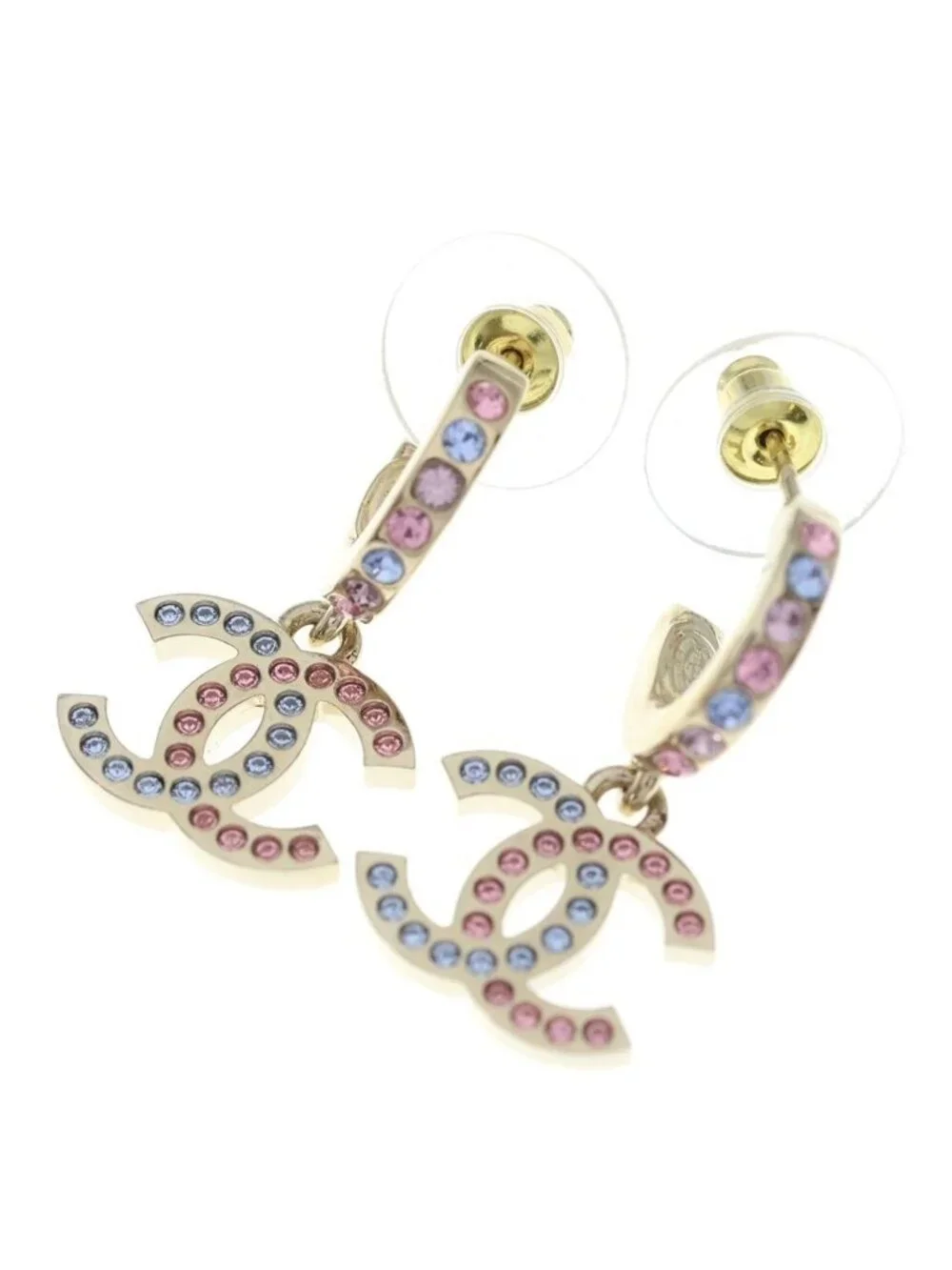 Chanel CC Logo Rhinestone Hoop Drop Earrings Gold